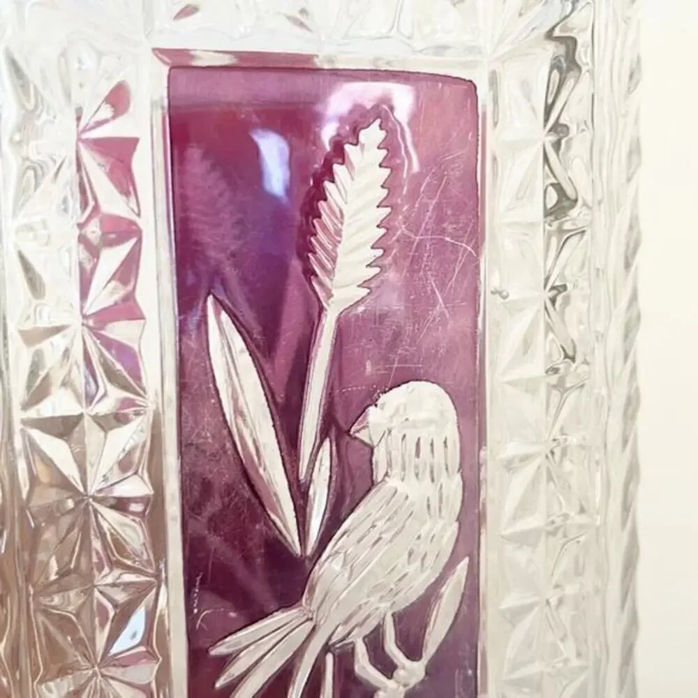 Vintage HOFBAUER Birds Heavy Cut Crystal Vase RUBY RED FLASH‎ HEAVY 7